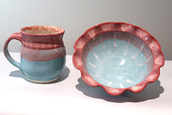 Porcelain Mug and Bowl with ruffled rim set, Raspberry Mist and Norse Blue glaze combo