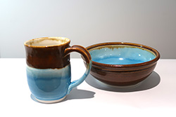 Porcelain Mug and Bowl set with Tea Dust and Glacier Blue glazes.