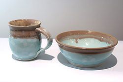 Porcelain Mug and Bowl set with Oyster and Celadon Bloom glaze combo.