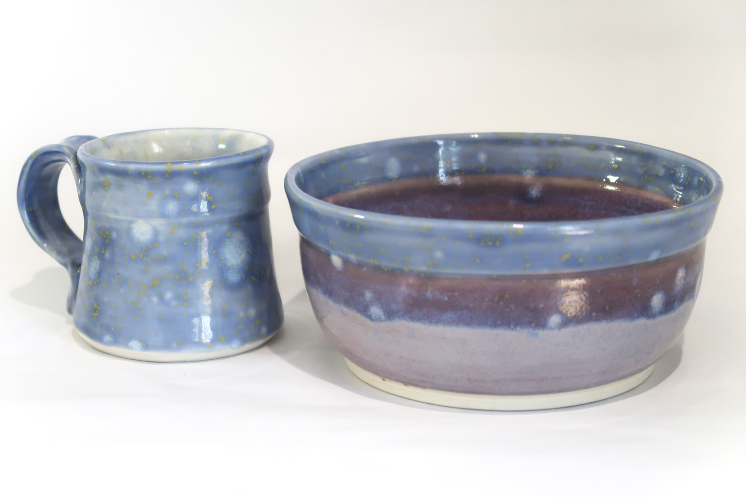 Porcelain Mug and Bowl set with Blue Hydrangea on mug, Blue Hydrangea and Lavender Mist glaze combo on bowl.