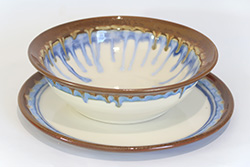 Porcelain bowl and plate with Copper Float, Capri Blue, Transparent, and Light Flux glazes