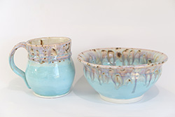 Porcelain mug and bowl with Norse Blue, Lavender Mist and Sandstone glazes